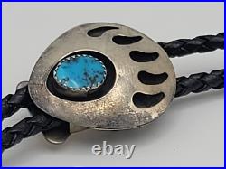 Vintage Leather Navajo Bear Claw Tips Bolo Sterling Silver Turquoise Cutouts