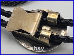 Vintage Leather Navajo Bear Claw Tips Bolo Sterling Silver Turquoise Cutouts