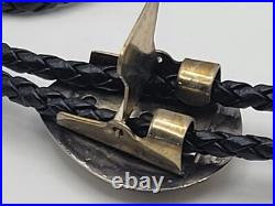 Vintage Leather Navajo Bear Claw Tips Bolo Sterling Silver Turquoise Cutouts