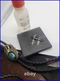 Vintage Leather Navajo Bear Claw Tips Bolo Sterling Silver Turquoise Cutouts