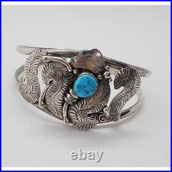 Vintage N. Curley signed Navajo Sterling Silver Turquoise Cuff Bracelet Chunky