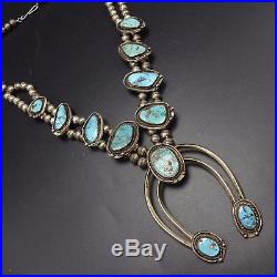 Vintage NAVAJO Sterling Silver & ARIZONA BLUE Turquoise SQUASH BLOSSOM Necklace