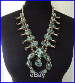 Vintage NAVAJO Sterling Silver & BLUE DIAMOND Turquoise SQUASH BLOSSOM Necklace
