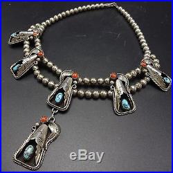 Vintage NAVAJO Sterling Silver CORAL & TURQUOISE Squash Blossom Style NECKLACE