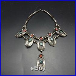 Vintage NAVAJO Sterling Silver CORAL and TURQUOISE Squash Blossom Style NECKLACE