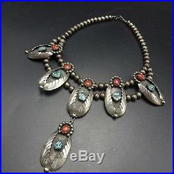 Vintage NAVAJO Sterling Silver CORAL and TURQUOISE Squash Blossom Style NECKLACE
