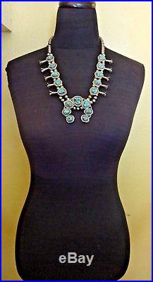 Vintage NAVAJO Sterling Silver & MORENCI Turquoise SQUASH BLOSSOM Necklace