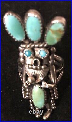 Vintage NAVAJO Sterling Silver TURQUOISE KACHINA RING size about 9