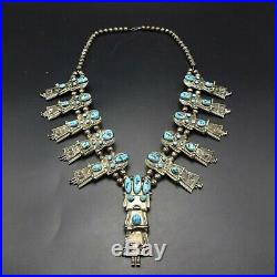 Vintage NAVAJO Sterling Silver TURQUOISE KACHINA Squash Blossom NECKLACE 188.6g
