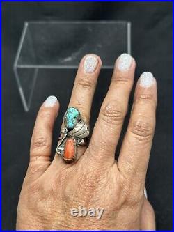 Vintage NAVAJO Sterling Silver Turquoise Coral Design Oblong Ring 7