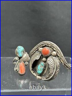 Vintage NAVAJO Sterling Silver Turquoise Coral Design Oblong Ring 7
