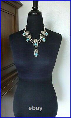 Vintage NAVAJO Sterling Silver Turquoise SQUASH BLOSSOM STYLE Necklace LARIAT