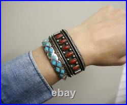Vintage Native American Navajo Coral Sterling Silver Coral Cuff Bracelet