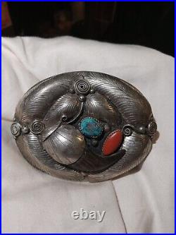 Vintage Native American Navajo E Sterling Silver Turquoise Belt Buckle