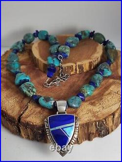 Vintage Native American Navajo Jewelry Sterling Silver Turquoise Lapis Necklace