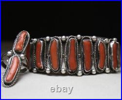 Vintage Native American Navajo Sterling Silver Coral Cuff Bracelet & Ring Set