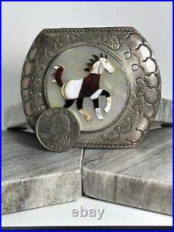 Vintage Native American Navajo Sterling Silver Mother Pearl Inlay Horse Buckle