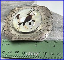 Vintage Native American Navajo Sterling Silver Mother Pearl Inlay Horse Buckle