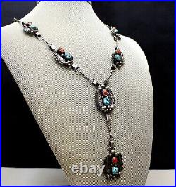 Vintage Native American Navajo Sterling Silver Turquoise Coral Necklace