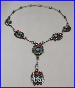 Vintage Native American Navajo Sterling Silver Turquoise Coral Necklace