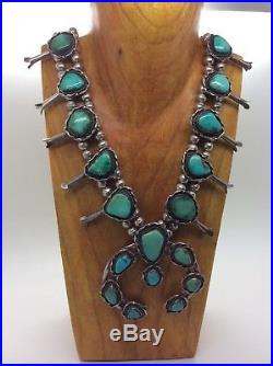 Vintage Native American Navajo Sterling Silver Turquoise Squash Blossom Necklace
