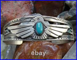 Vintage Native American Navajo Thunderbird Cuff Bracelet Turquoise + Sterling