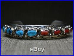 Vintage Native American Navajo Turquoise Coral Sterling Cuff Bracelet Large Size
