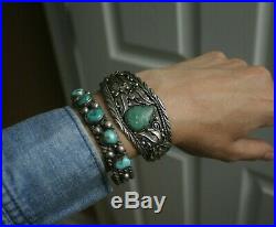 Vintage Native American Navajo Turquoise Foliate Sterling Silver Cuff Bracelet
