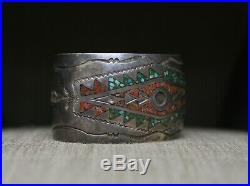 Vintage Native American Navajo Turquoise Inlay Sterling Silver Cuff Bracelet