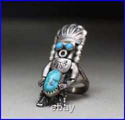 Vintage Native American Navajo Turquoise Sterling Silver Kachina Ring size 6.25