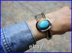 Vintage Native American Navajo Turquoise Sterling Silver Tufa Cast Cuff Bracelet