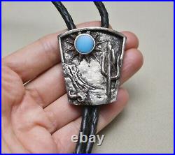 Vintage Native American Navajo Turquoise Storyteller Sterling Silver Bolo Tie