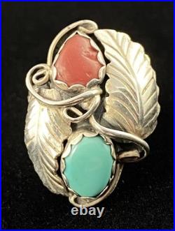 Vintage Native American Signed Spencer Sterling Silver Turquoise Coral Ring C101