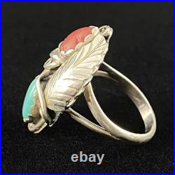 Vintage Native American Signed Spencer Sterling Silver Turquoise Coral Ring C101