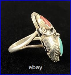 Vintage Native American Signed Spencer Sterling Silver Turquoise Coral Ring C101