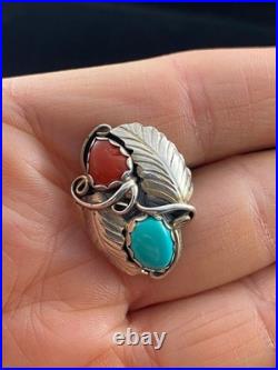 Vintage Native American Signed Spencer Sterling Silver Turquoise Coral Ring C101