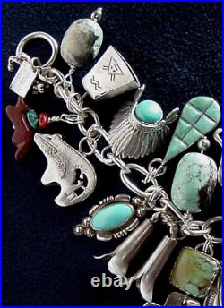 Vintage Native American Sterling Silver Turquoise Navajo Hopi+ 23 Charm Bracelet