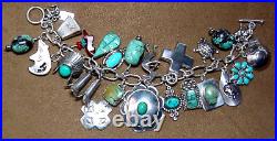 Vintage Native American Sterling Silver Turquoise Navajo Hopi+ 23 Charm Bracelet