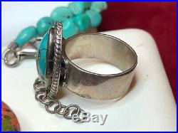Vintage Native American Sterling Silver Turquoise Necklace & Ring Southwestern