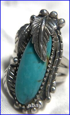 Vintage Native Navajo Sterling Silver Elongated Turquoise Leaf Ring Size 7.75