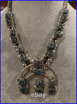 Vintage Native Sterling Silver Turquoise Squash Blossom Necklace