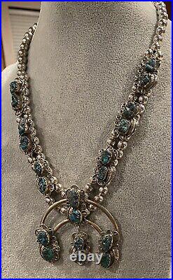 Vintage Native Sterling Silver Turquoise Squash Blossom Necklace