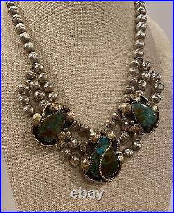 Vintage Native Sterling Silver Turquoise Squash Blossom Necklace Signed