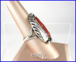 Vintage Navajo. 925 Sterling Silver Red Coral Ring Old Pawn Ornate size 8