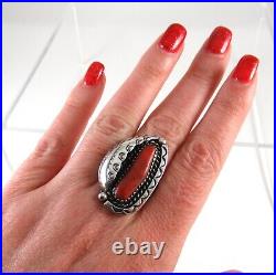 Vintage Navajo. 925 Sterling Silver Red Coral Ring Old Pawn Ornate size 8