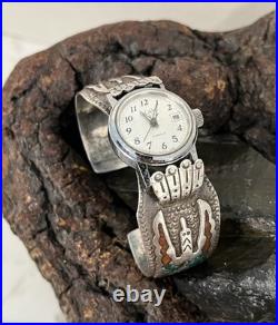 Vintage Navajo Charlie Singer Ladies Sterling Silver Chip Inlay Watchband 6-1/2
