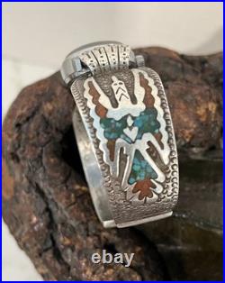 Vintage Navajo Charlie Singer Ladies Sterling Silver Chip Inlay Watchband 6-1/2