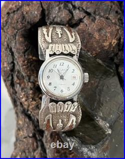 Vintage Navajo Charlie Singer Ladies Sterling Silver Chip Inlay Watchband 6-1/2