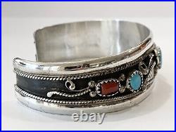 Vintage Navajo EB Edward Becenti Sterling Silver Turquoise Coral Cuff Bracelet