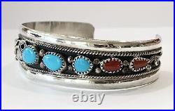 Vintage Navajo EB Edward Becenti Sterling Silver Turquoise Coral Cuff Bracelet